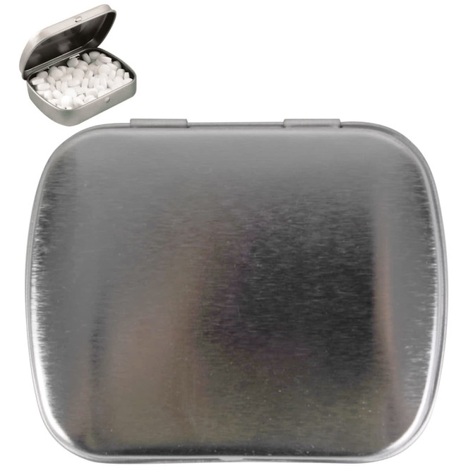 A silver tin containing sugar-free breath mints with a smooth, metallic finish and white mints inside.
