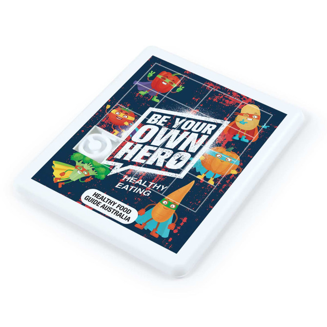 A sliding tile puzzle in white featuring colorful cartoon vegetables and playful characters on a dark background.