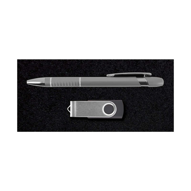 A silver pen and a silver USB drive, presented on a dark textured background, includes branding elements.