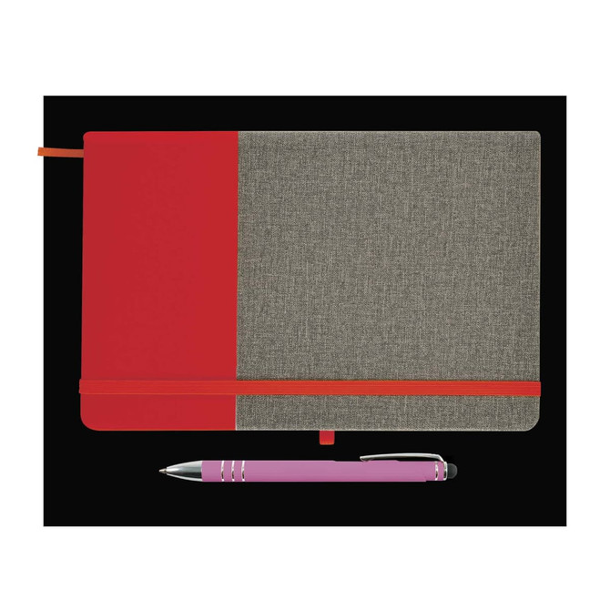 A red and gray notebook with an elastic band and a matching pink pen positioned beside it.