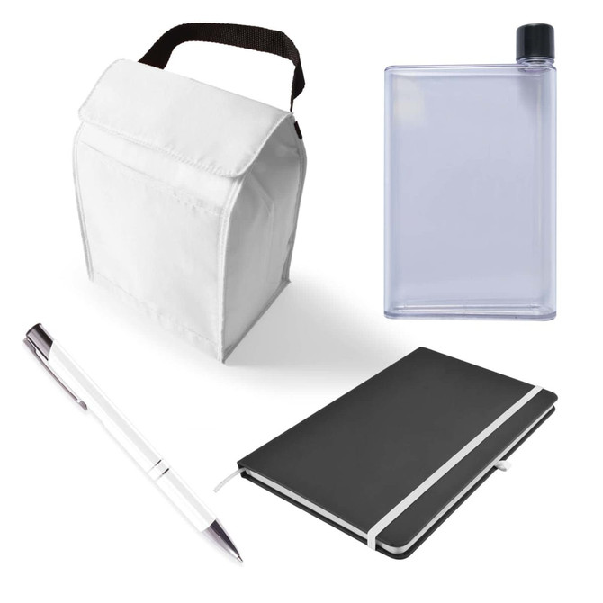 A cooler bag, a clear drink bottle, a black notebook, and a silver pen are displayed together.