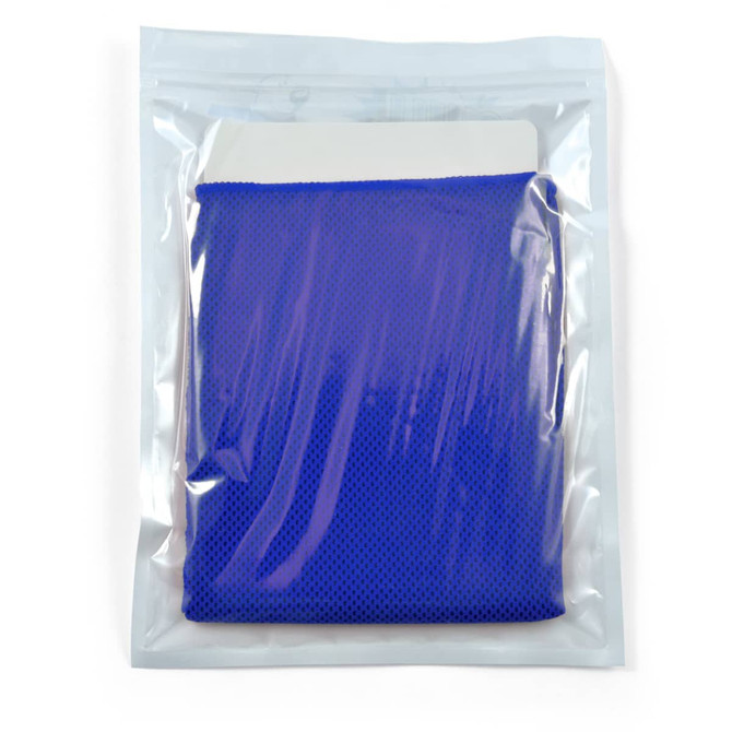 A cooling towel in a blue mesh texture, packaged in a transparent pouch.