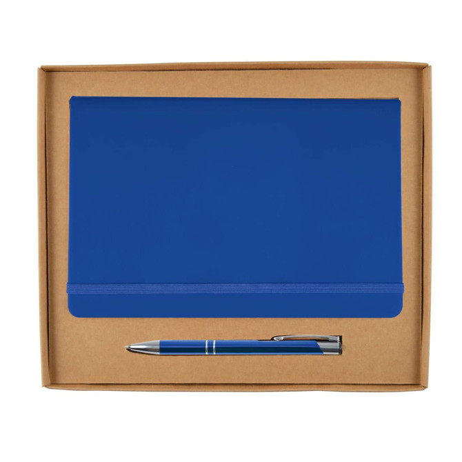 A blue notebook with an elastic band and a matching blue pen, presented in a brown cardboard gift box.