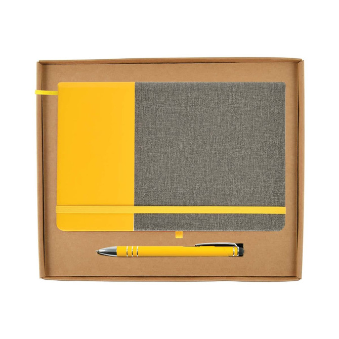 A gray and yellow notebook with an elastic band and a matching yellow pen, presented in a cardboard gift box.