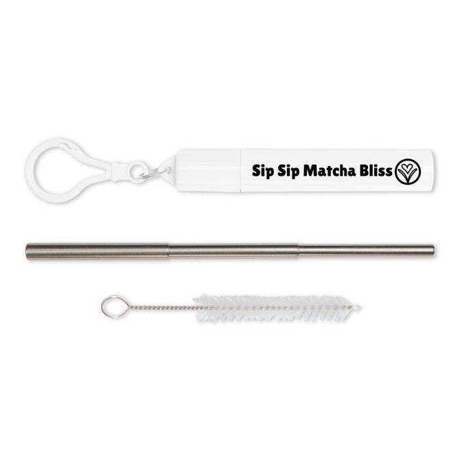 A drink bottle accessory featuring a silver telescopic straw, a cleaning brush, and a white carrying case with a logo.