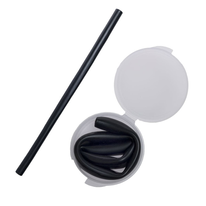 A black silicone straw and a transparent case containing coiled silicone straws.