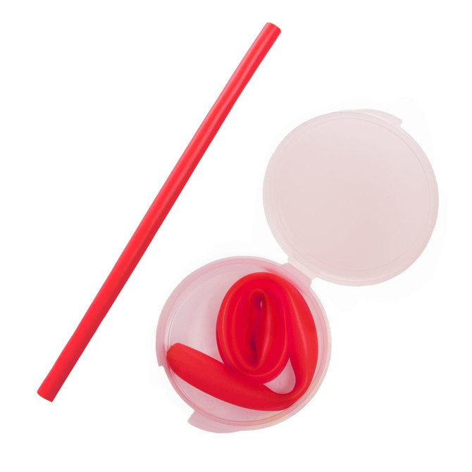 A red silicone straw placed inside a clear case, with an additional rolled-up straw in the case.