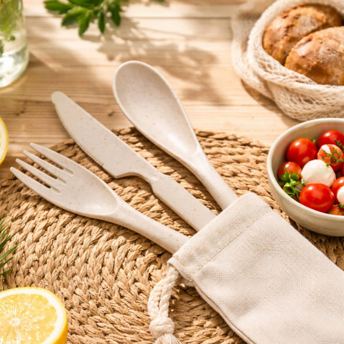 A calico pouch containing biodegradable cutlery: a fork, knife, and spoon in a light beige colour, set on a woven placemat.