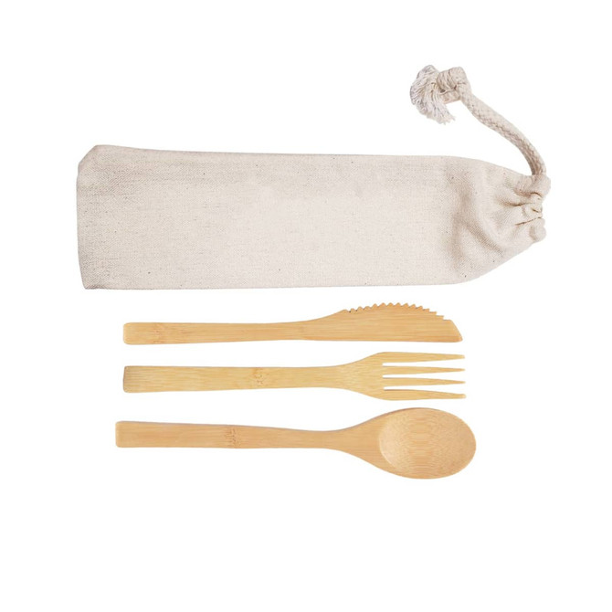 Bamboo cutlery set in a natural calico pouch, featuring a knife, fork, and spoon. Ideal for eco-friendly dining.