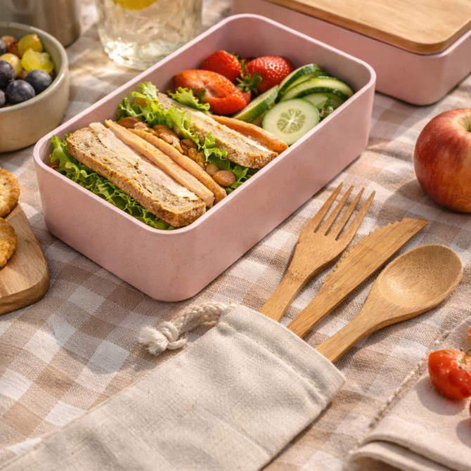 A bamboo cutlery set in a calico pouch, featuring forks and spoons, alongside a pink lunchbox with vegetables and fruit.