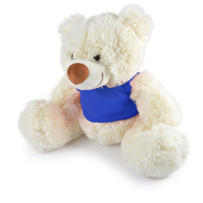 A Coconut Plush Teddy Bear featuring a soft white fur texture and a blue shirt.
