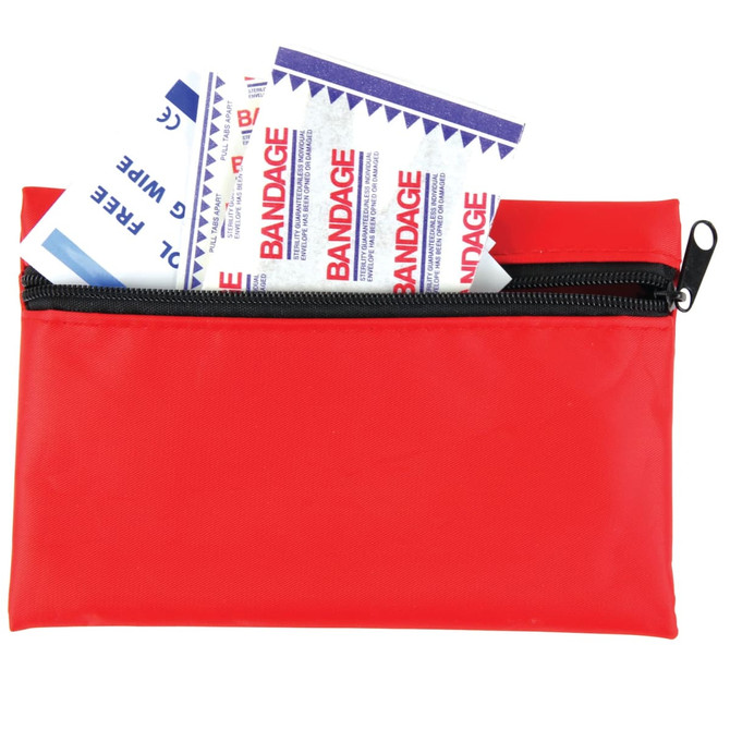 A red zippered pouch containing adhesive bandages and a first aid kit.