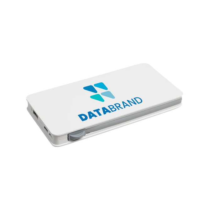 A white power bank with a logo, featuring a sleek design and a side button.