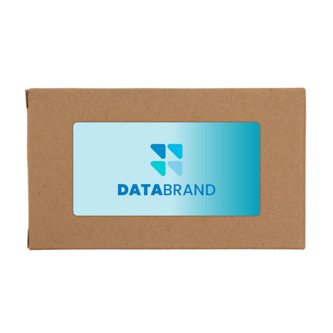 A brown cardboard packaging featuring a blue logo and a clear window displaying the contents.