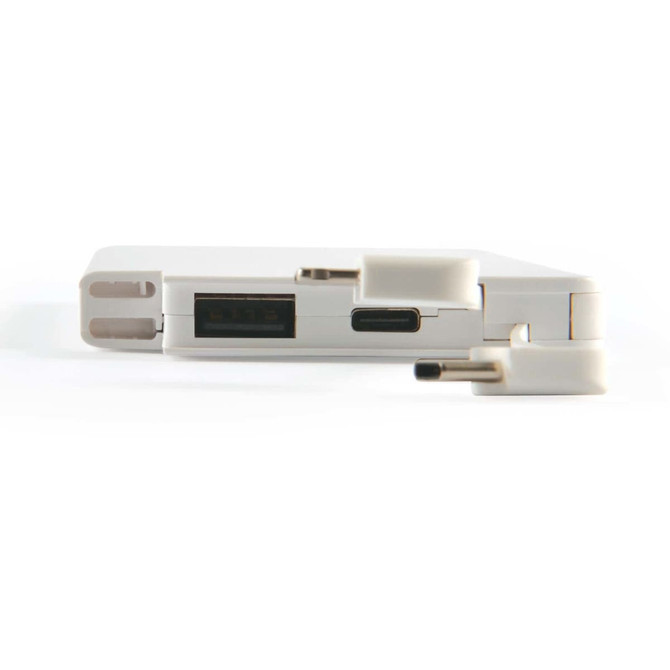 A white power bank with multiple ports and a compact design, featuring a logo on the side.