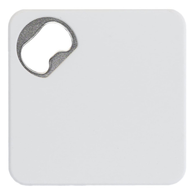 A drink bottle opener and coaster combination featuring a sleek white square design with a metal opening cutout.