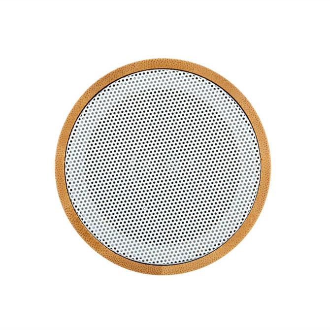 A Bluetooth speaker featuring a bamboo frame and a mesh sound grille design.