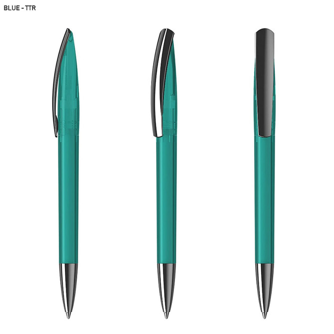 A set of three turquoise plastic pens with silver accents, featuring a logo on the barrel.