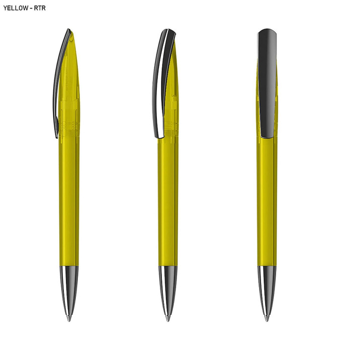 A transparent yellow plastic pen with a black clip and silver tip, shown from three angles.