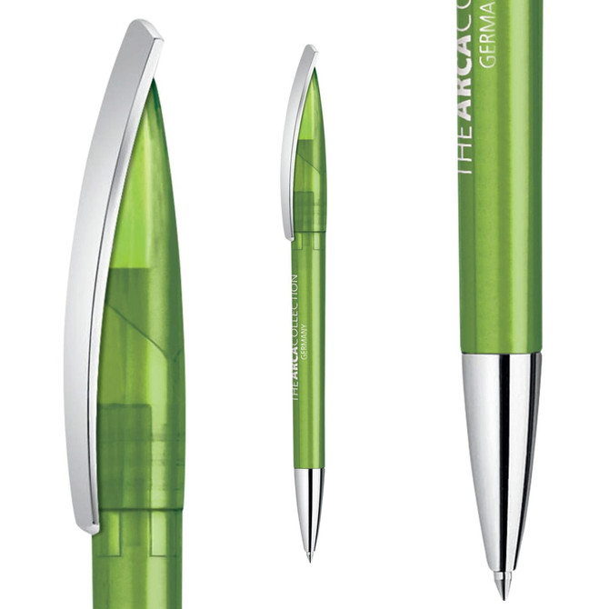 A green transparent plastic pen with a silver clip and tip, featuring a logo.