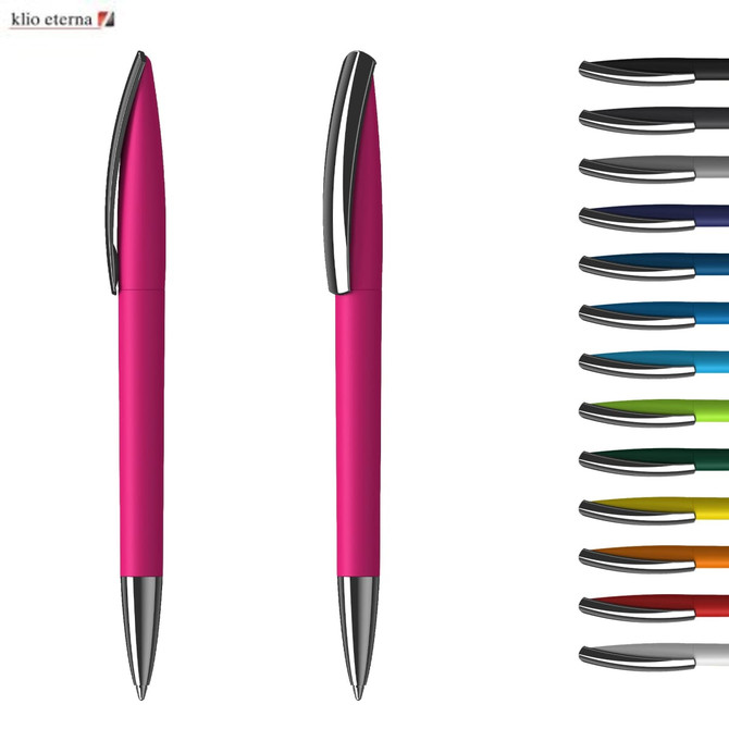 A pink plastic pen with a chrome clip, alongside a selection of various ink colours in a row.