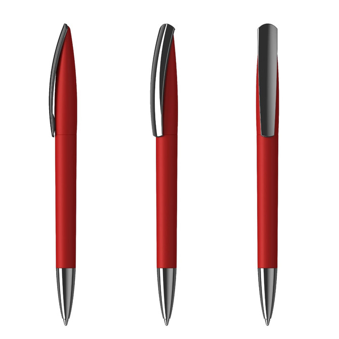 A red plastic pen with a smooth finish and metallic accents, featuring a logo on its side.