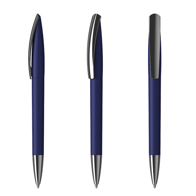 A set of navy blue plastic pens with metallic accents and a sleek design. Each pen is displayed from different angles.