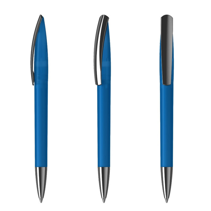 A blue plastic pen with a silver clip, showcased from three different angles.