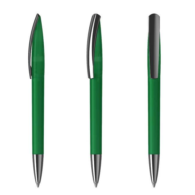 A green plastic pen with a shiny silver clip and tip, displayed from three different angles.