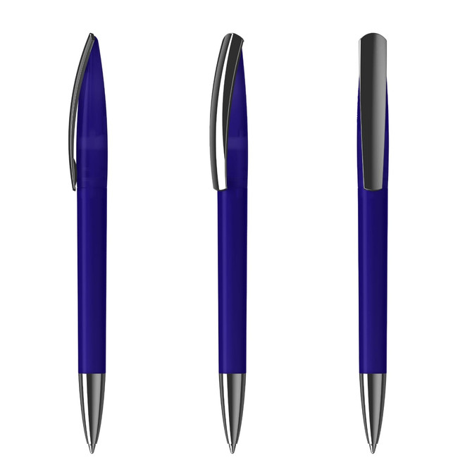 A blue plastic pen with a shiny silver clip and tip, displayed from three angles.