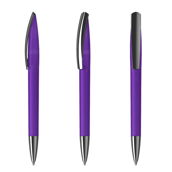 A purple plastic pen with silver accents, displayed from three different angles. It features a sleek design and a clip.