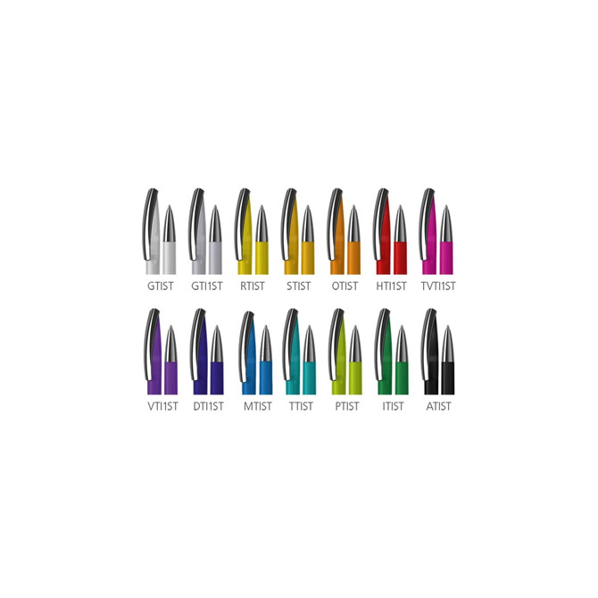 A collection of plastic pens in various colours, featuring a sleek design and a prominent logo on each pen.