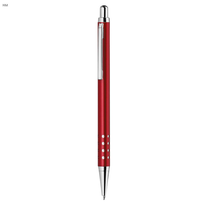 A red metal pen with a sleek design and silver accents, featuring a clip and dotted grip.