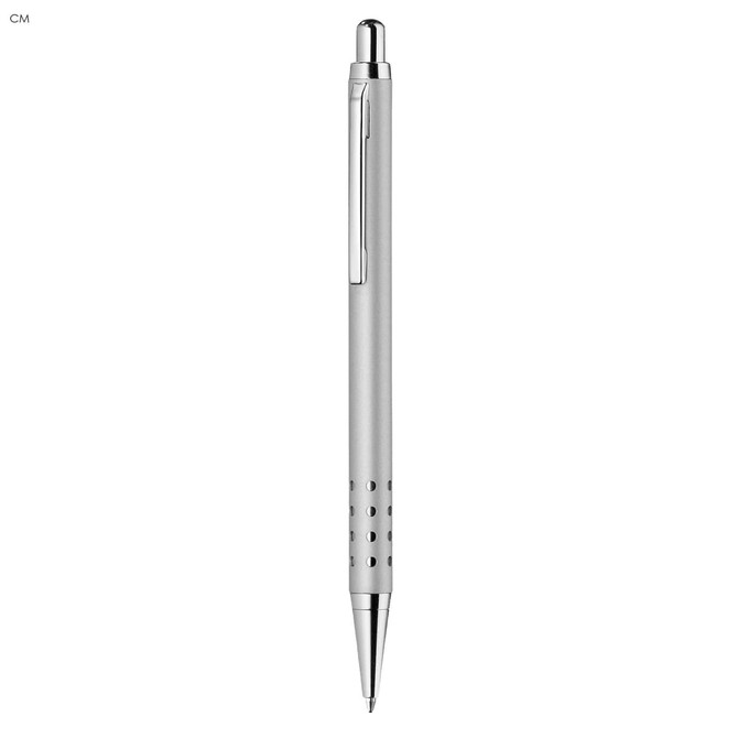 A sleek silver metal pen featuring a modern design and a clip, with decorative perforations on the grip.