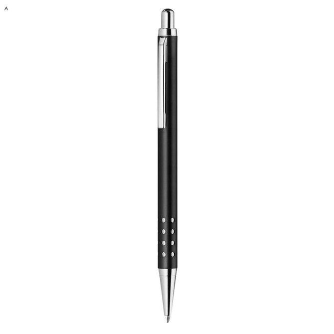 A sleek black metal pen with a silver clip and decorative holes along the barrel, featuring a logo.