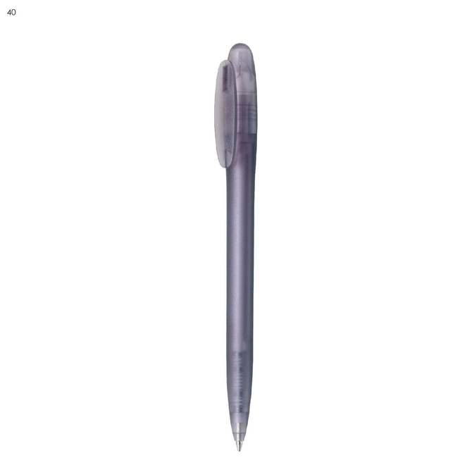 A transparent purple plastic pen with a rounded top and clip. It features a simple design and branding.