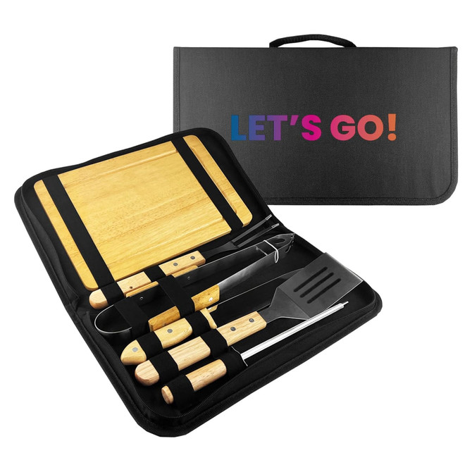 A BBQ set featuring stainless steel tools with wooden handles, arranged in a black carrying case.