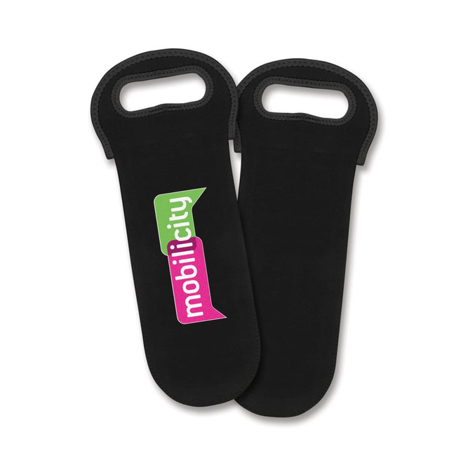 A neoprene wine cooler bag in black featuring a colorful logo. The bag has handles for easy carrying.