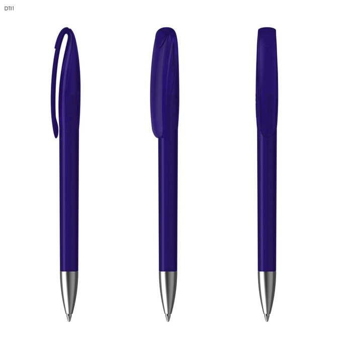 A set of blue plastic pens with a clip and smooth silver tips, featuring a branding logo.