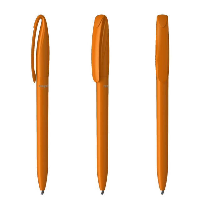Three plastic pens in bright orange, with a sleek design and clip, featuring a logo on the side.