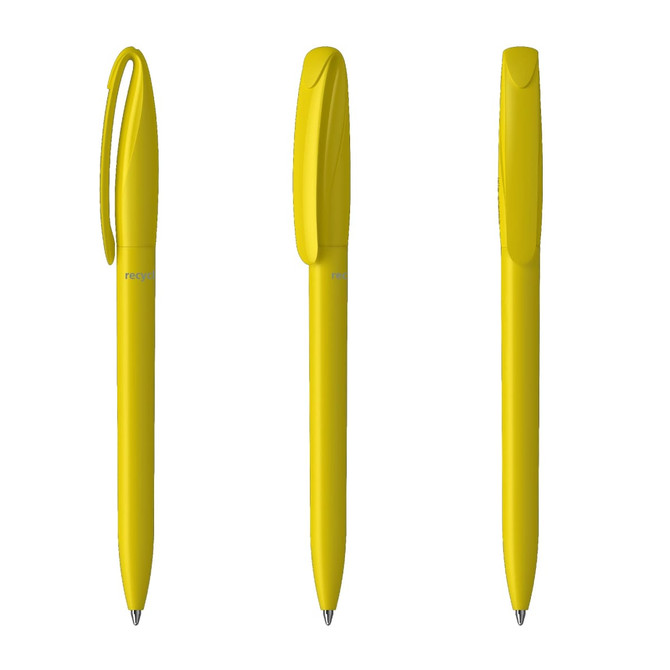 A yellow plastic pen displayed from three angles, featuring a logo on the body.