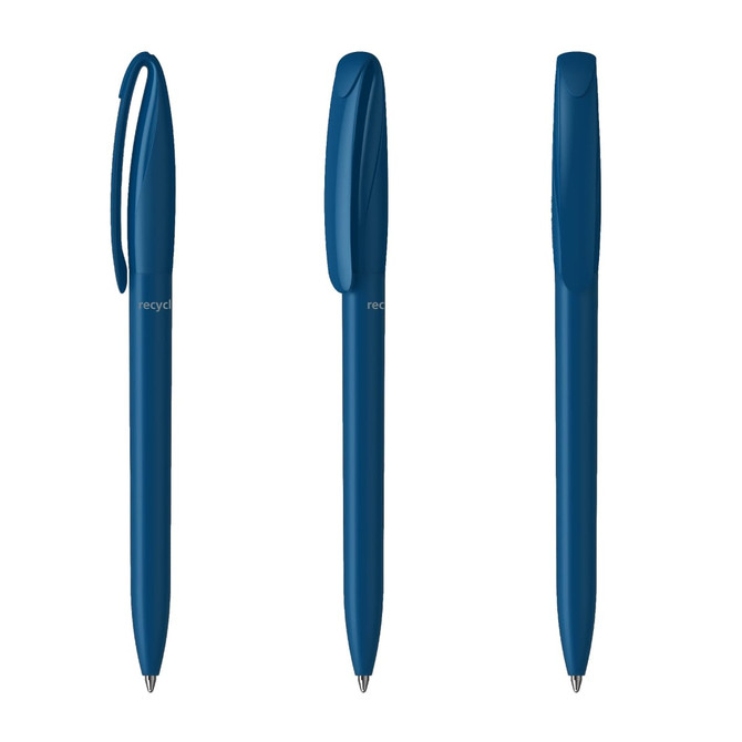 A set of blue plastic pens with a sleek design and a logo on the barrel.
