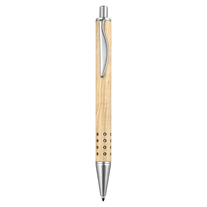 A metal pen with a light wooden body and silver accents, featuring a sleek design and a logo.