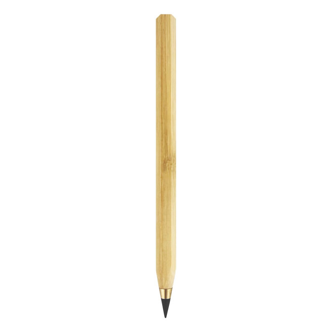 A bamboo pencil with a grey lead tip, featuring a hexagonal shape and a natural bamboo finish.