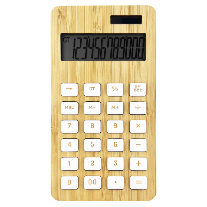 A bamboo calculator featuring a wooden texture and white buttons, with a digital display at the top.