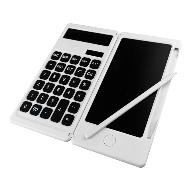 A white Note It Calculator with a digital display, buttons, and a stylus pen attached.