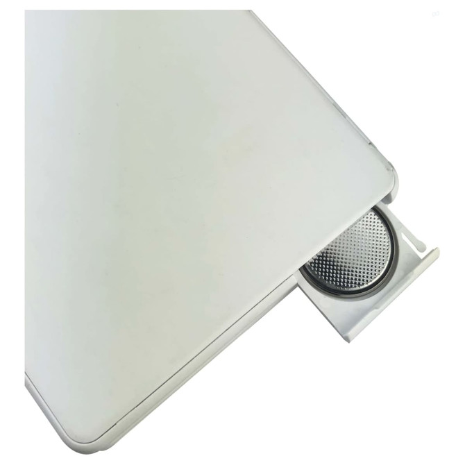 A white calculator with a slide-out compartment revealing a circular, metallic grid. It has a logo on its surface.