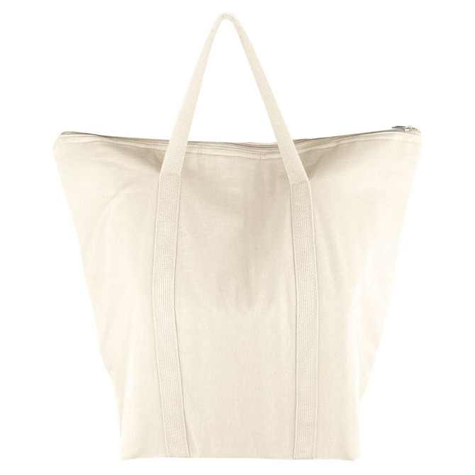 A cotton cooler bag in a light cream colour with two sturdy handles and a zip closure. It features a logo.