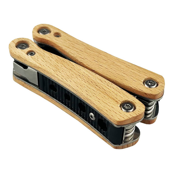 A compact knife with a wooden handle, featuring a black base and a variety of tool functions. It includes a logo.