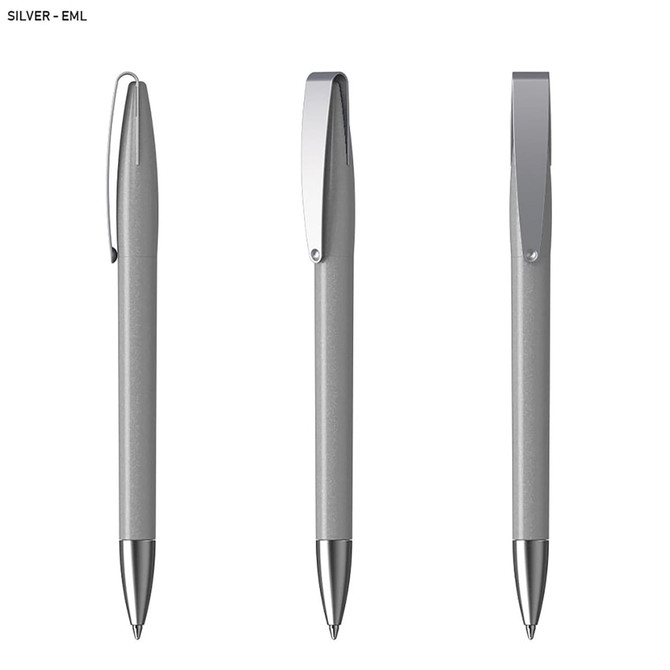 A silver pen with a metallic finish, featuring a sleek design and a clip for easy attachment.